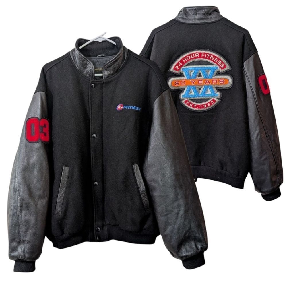 Vtg Golden Bear 24 Hour Fitness Wool Melton Varsity Baseball Jacket Men XL Black